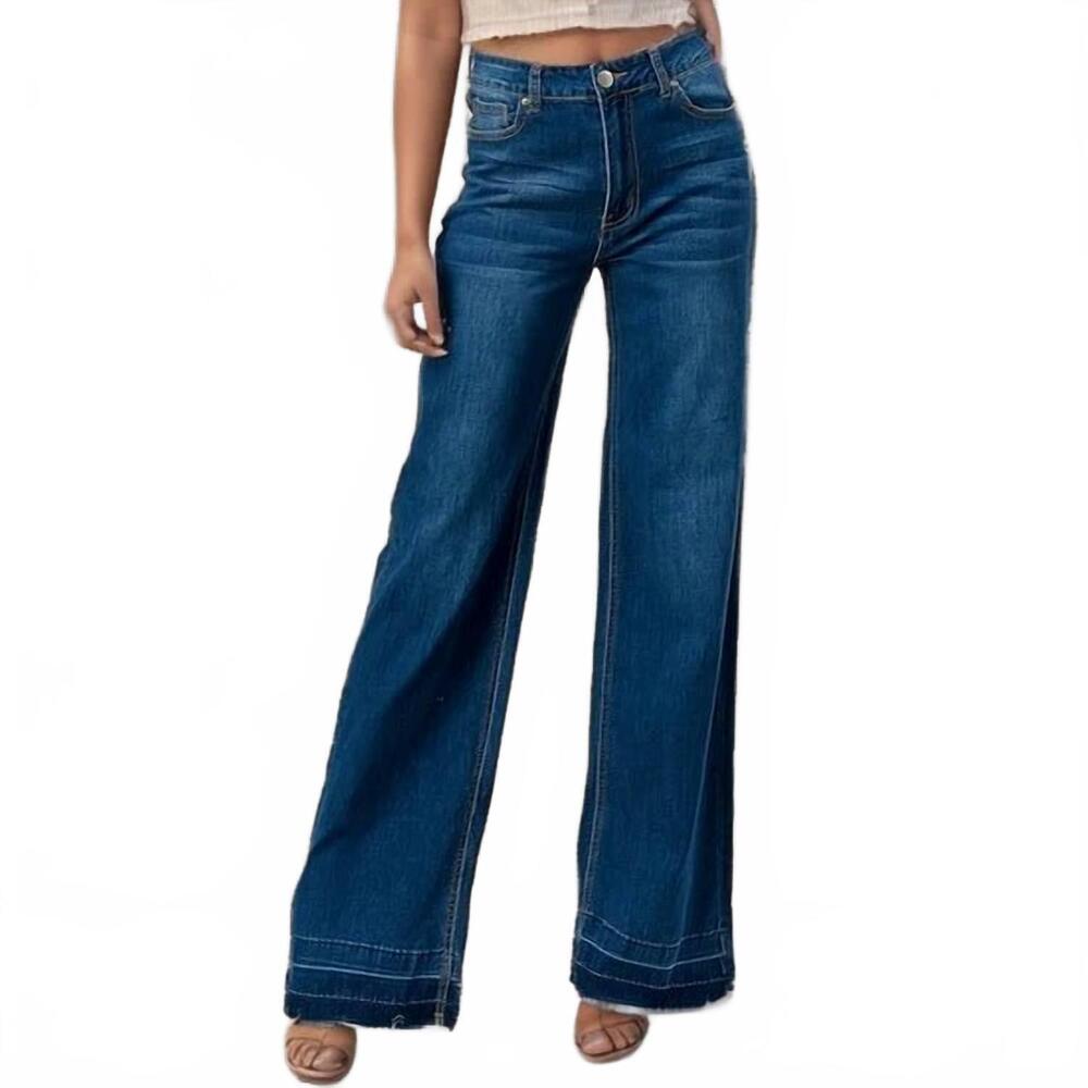 NEW LOVER high waisted distressed stretchy wide leg jeans in blue